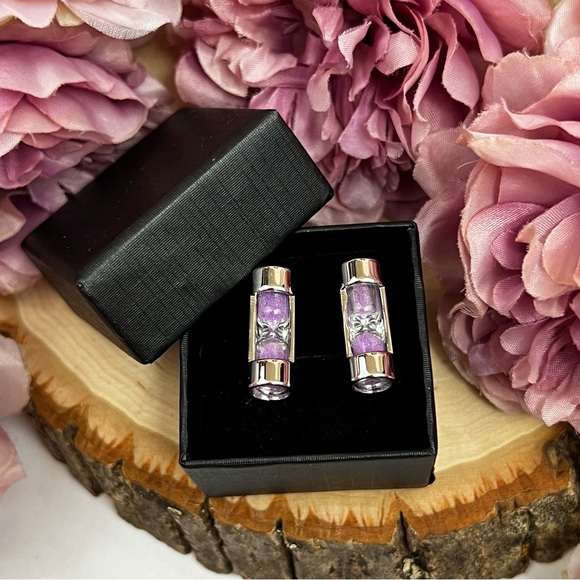 Unique Silver Cylinder Purple Sand Hourglass Cufflinks - Picture 15 of 17